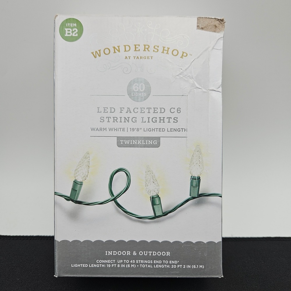 Wondershop 60 LED Faceted C6 String Lights Warm White‎ Twinkling Green Wire New